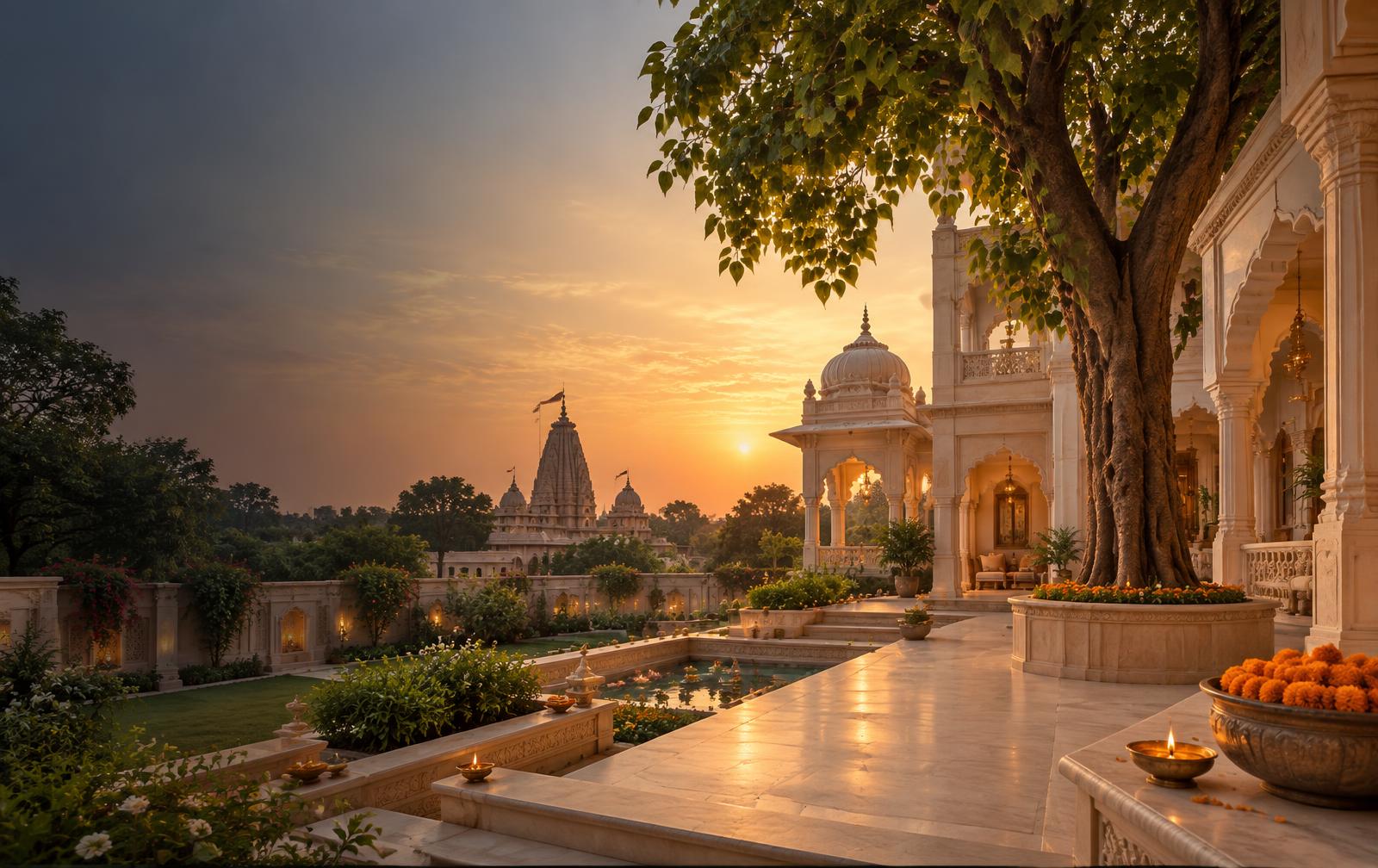Peaceful temple-inspired courtyard in Vrindavan